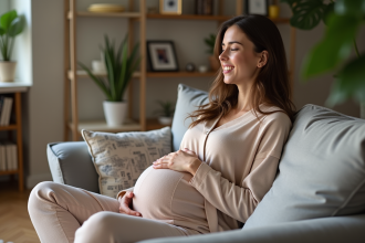 Femme enceinte assise sur un canapé dans un intérieur chaleureux