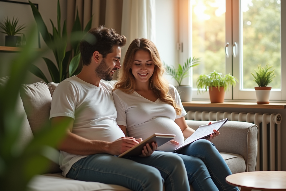 Femme enceinte et son partenaire lisant à la maison