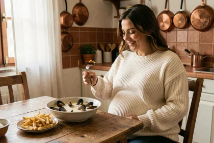 Femme enceinte souriante devant un plat de moules frites dans une cuisine chaleureuse