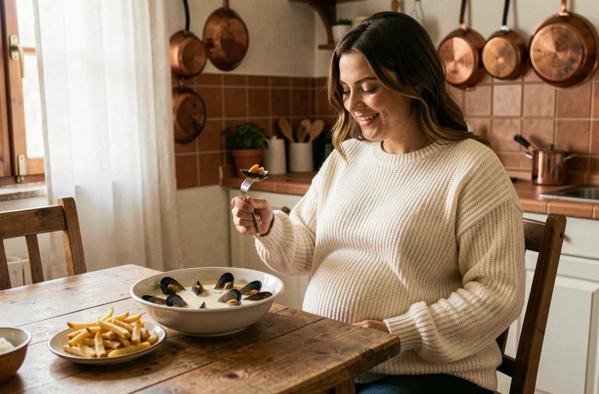 Femme enceinte souriante devant un plat de moules frites dans une cuisine chaleureuse