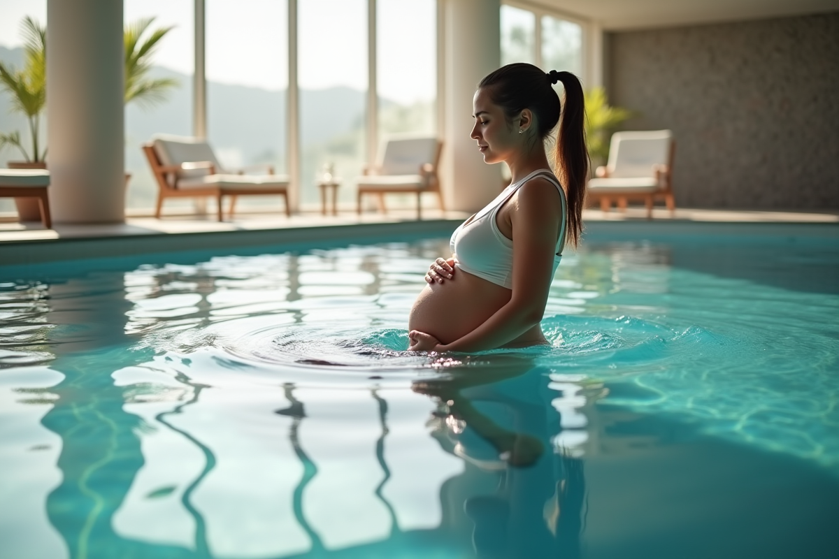 Femme enceinte nageant doucement dans une piscine intérieure