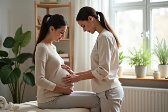 Femme enceinte en séance d'ostéopathie dans un cabinet calme