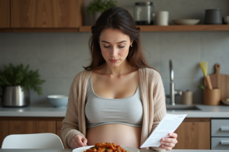Femme enceinte pensant à la nutrition dans sa cuisine