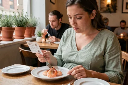 Femme enceinte au restaurant examinant attentivement une assiette de crevettes roses avant de les manger