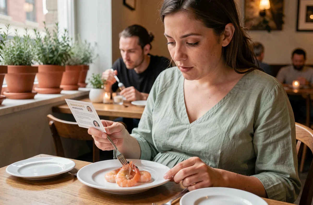 Femme enceinte au restaurant examinant attentivement une assiette de crevettes roses avant de les manger