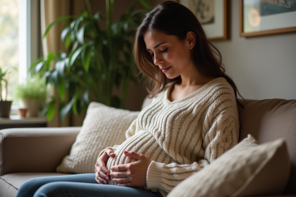 Femme enceinte assise dans un salon chaleureux et authentique