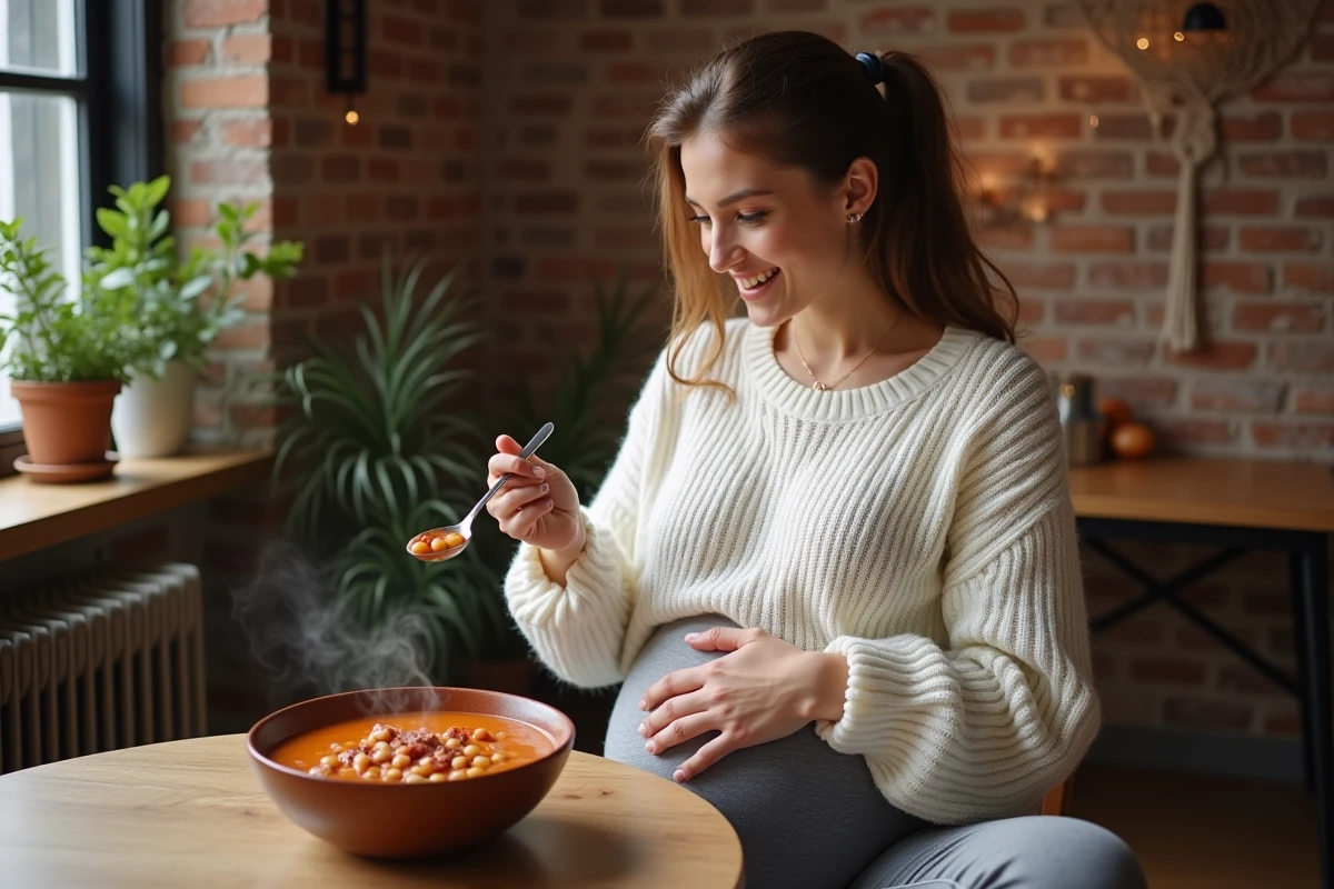 Femme enceinte savourant une soupe de pois chiches au chorizo cuit dans une ambiance cosy et chaleureuse