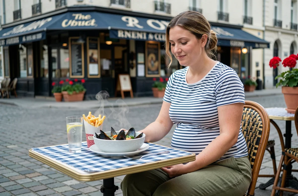 Femme enceinte en terrasse de restaurant savourant des moules marinières et des frites
