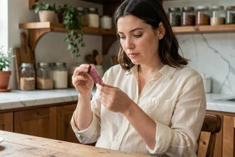 Femme enceinte examinant une tranche de viande des grisons dans sa cuisine, questionnant sa consommation pendant la grossesse