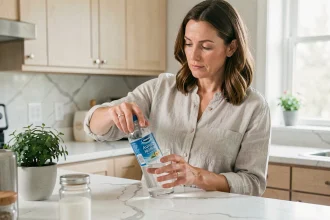 Femme lisant l'étiquette d'une bouteille d'eau minérale dans une cuisine moderne pour choisir la meilleure eau pour les reins