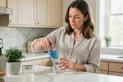 Femme lisant l'étiquette d'une bouteille d'eau minérale dans une cuisine moderne pour choisir la meilleure eau pour les reins