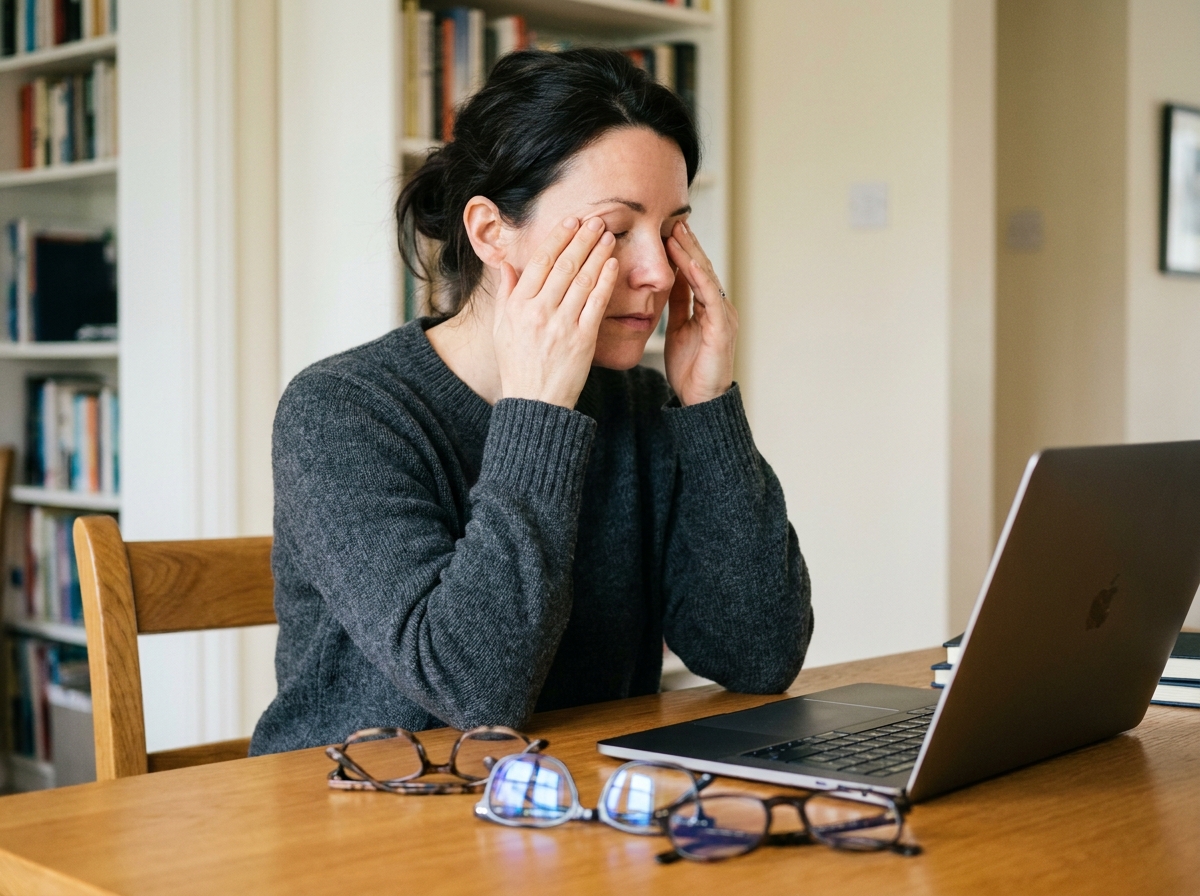 Femme fatiguée des yeux comparant plusieurs montures de lunettes sur son bureau à domicile