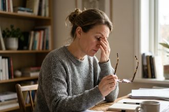 Femme fatiguée tenant ses lunettes et se frottant les yeux devant un bureau en bois, illustrant la fatigue oculaire liée au travail sur écran