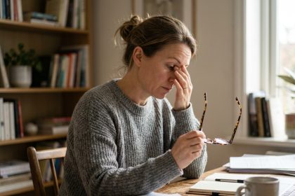 Femme fatiguée tenant ses lunettes et se frottant les yeux devant un bureau en bois, illustrant la fatigue oculaire liée au travail sur écran