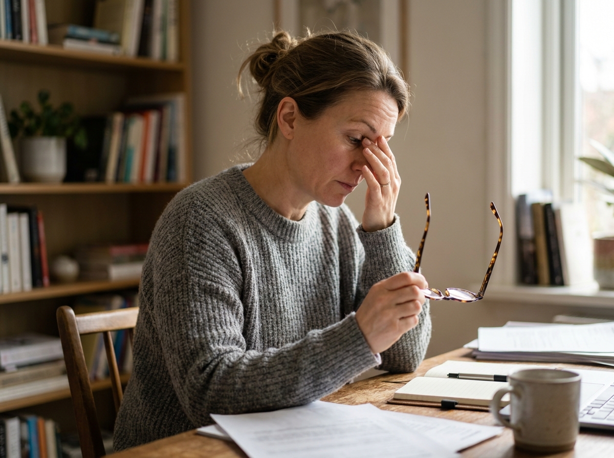 Femme fatiguée tenant ses lunettes et se frottant les yeux devant un bureau en bois, illustrant la fatigue oculaire liée au travail sur écran