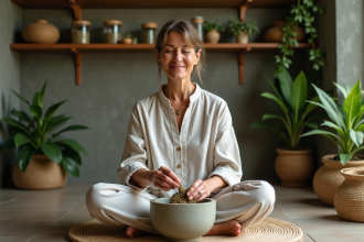 Femme méditative moulant des herbes dans un intérieur naturel