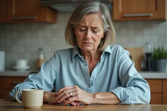 Femme d'âge moyen dans une blouse bleue en réflexion