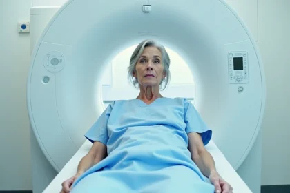 Femme allongée dans un scanner IRM en salle de radiologie moderne, illustrant un examen IRM avec produit de contraste au gadolinium
