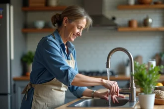 Femme au lavabo de cuisine lavant ses mains calmement