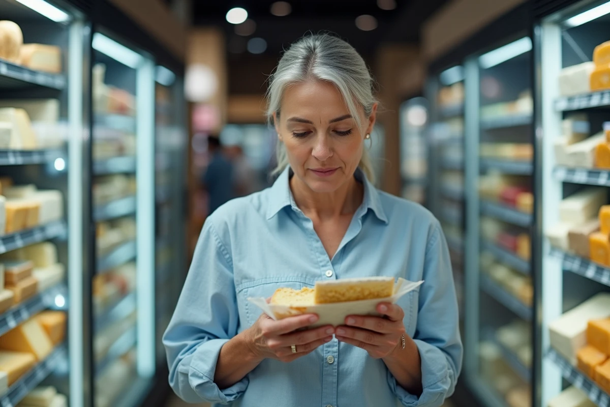 Femme lisant l'étiquette nutritionnelle d'un fromage allégé en rayon de supermarché pour choisir un fromage adapté au diabète