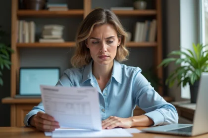 Femme adulte lisant ses résultats d'analyse de sang à domicile, avec une expression concentrée