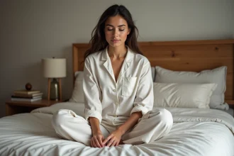 Femme en pyjama se relaxant en massant son pied dans un lit