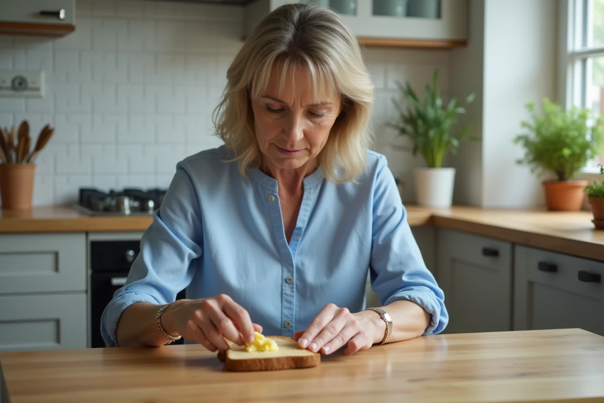 Femme moyenne âge étalant du beurre sur du pain complet