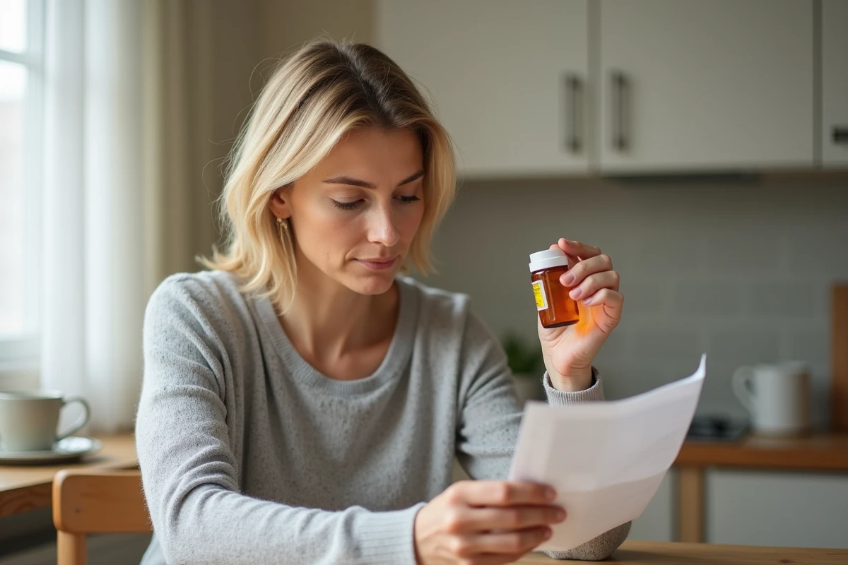 Femme lisant la notice d'un médicament Kalinoe avec une expression préoccupée dans une cuisine