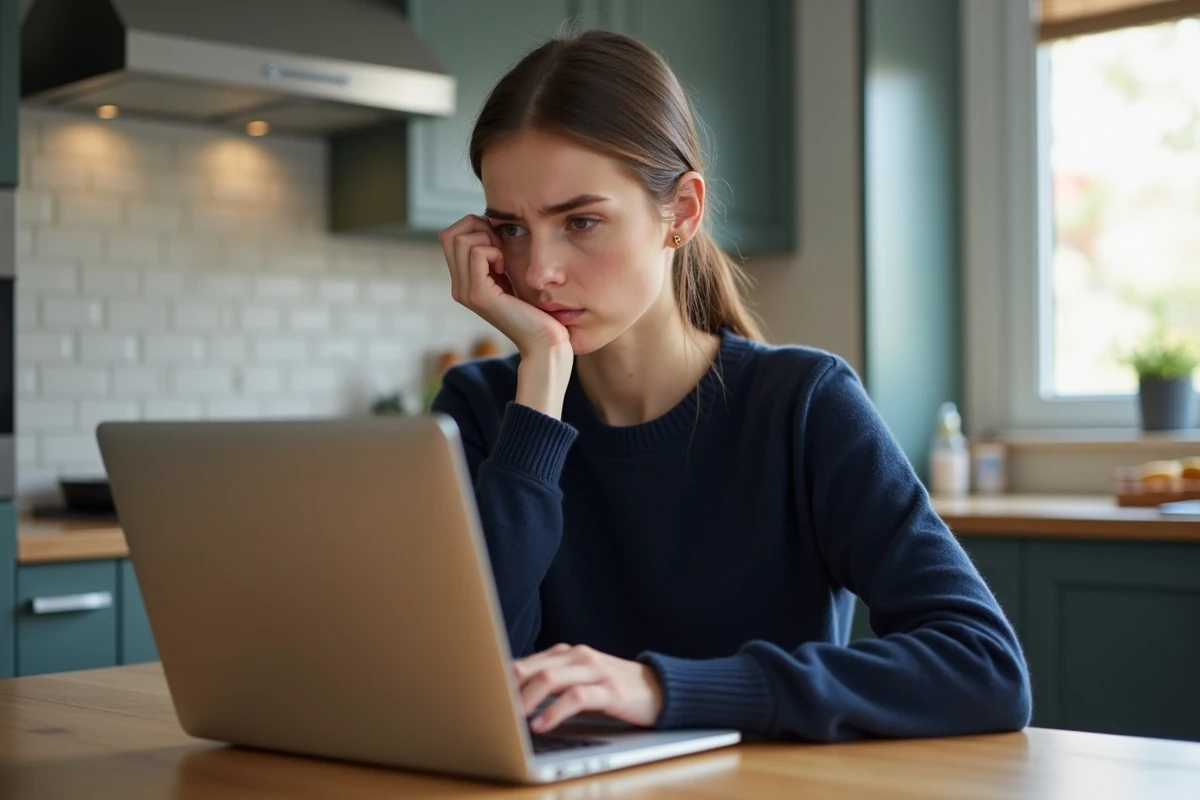 Jeune femme regardant son ordinateur dans la cuisine