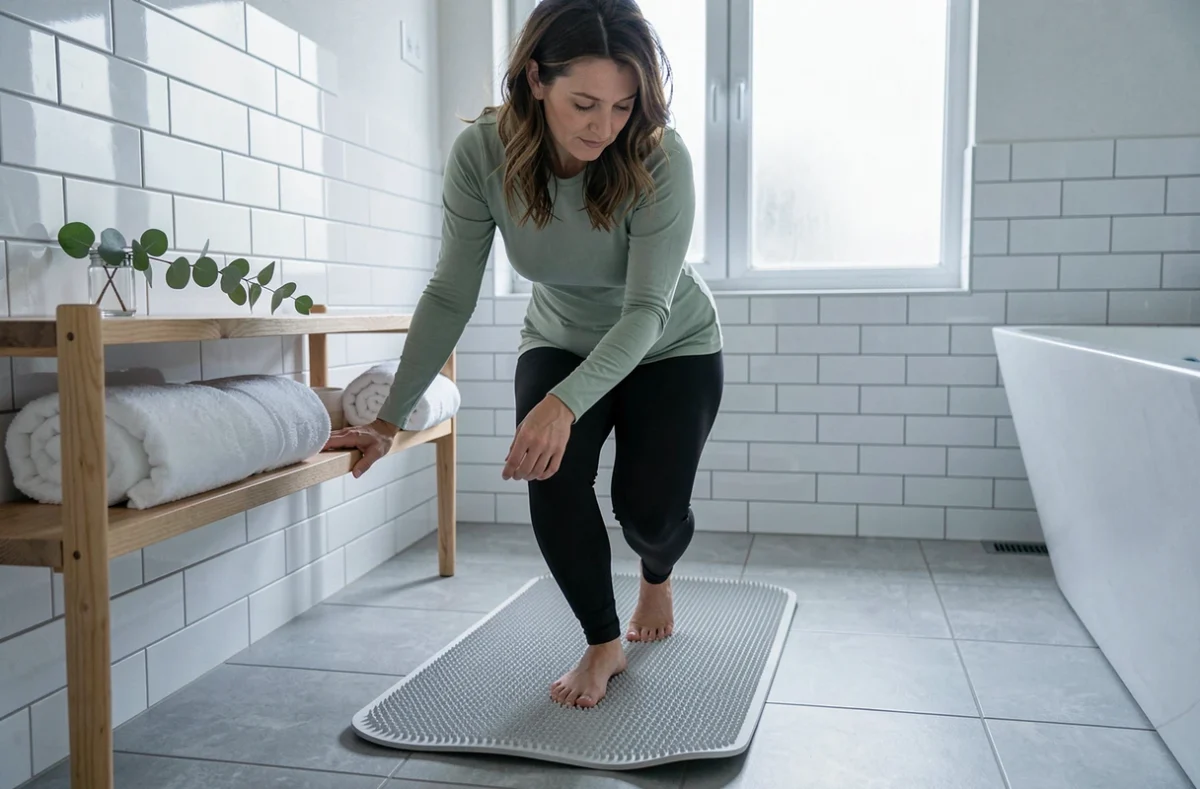 Femme posant les pieds sur un tapis de fleurs de lotus dans une salle de bain scandinave élégante