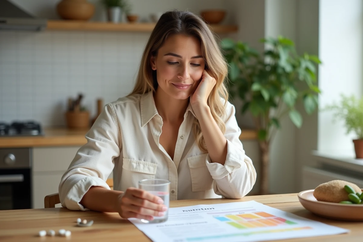 Femme consultant la notice d'un complément alimentaire Indiva System avec un verre d'eau à table dans sa cuisine