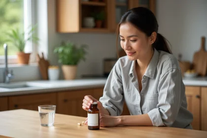 Femme examinant un flacon de probiotiques à la maison pour soulager l'intestin irritable