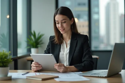 Femme d'affaires concentr&eacute;e sur un tablette dans un bureau moderne