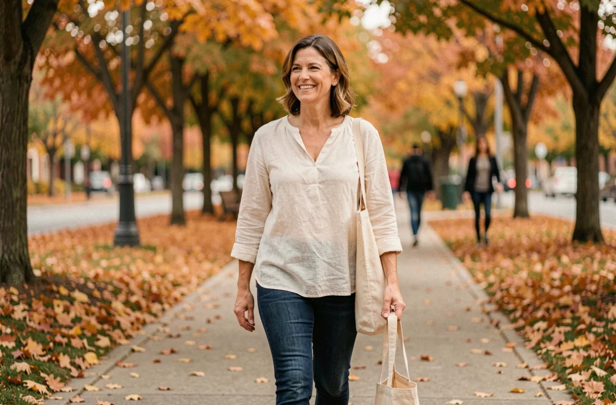 Femme en bonne santé se promenant dans un parc en automne, souriante et détendue, évoquant les bénéfices d'un mode de vie sain et d'un programme minceur efficace