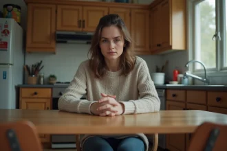 Femme assise seule à la cuisine en réflexion