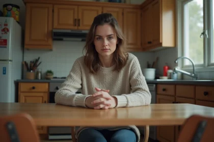 Femme assise seule &agrave; la cuisine en r&eacute;flexion
