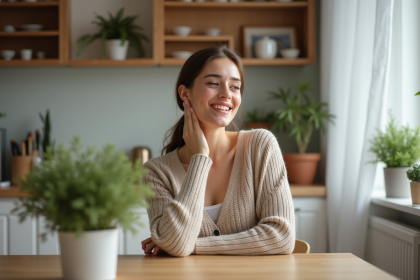 Femme assise à la maison touchant son cou pour soulager la tension