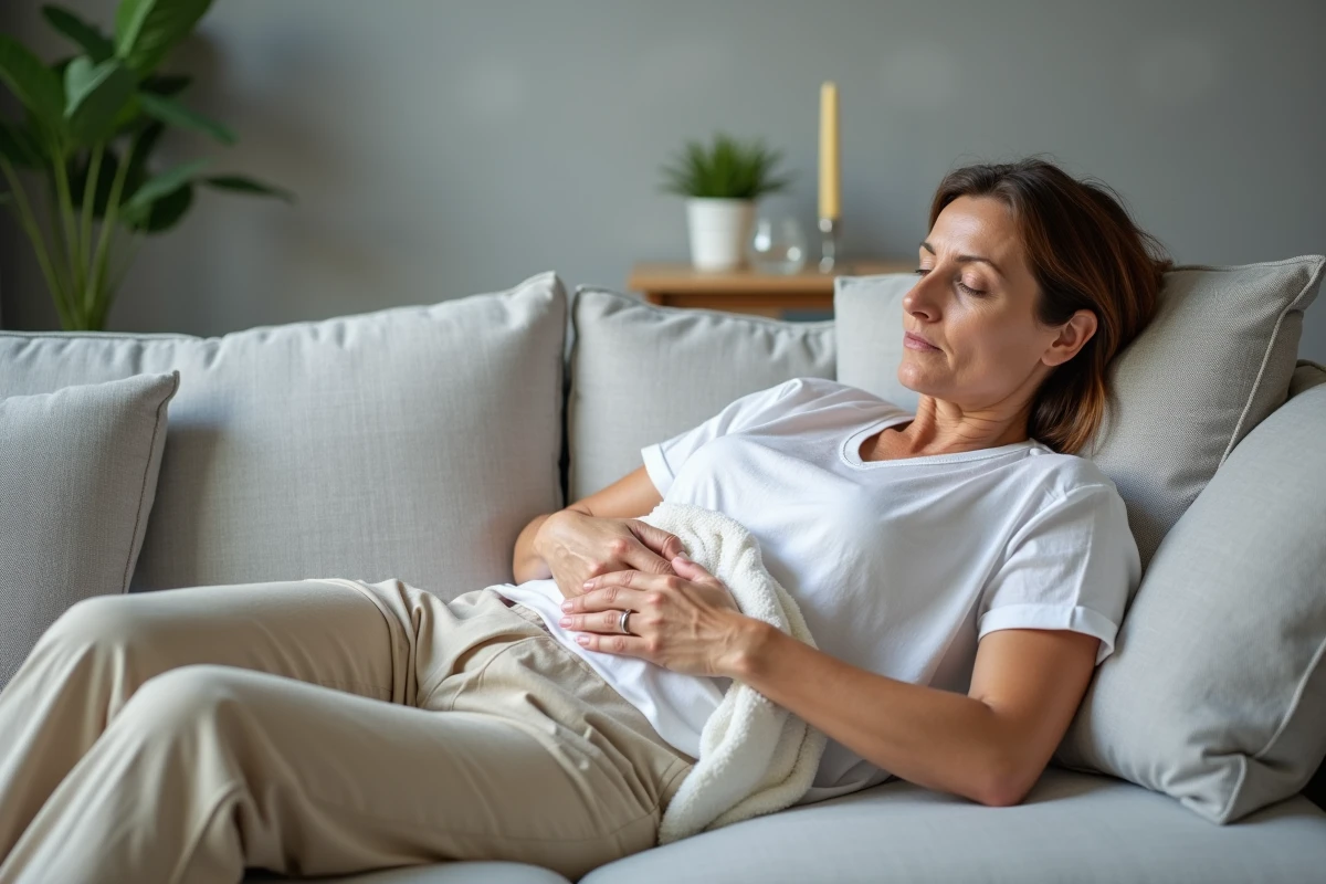 Femme allongée sur un canapé appliquant une poche de glace sur les côtes pour soulager une douleur après un faux mouvement