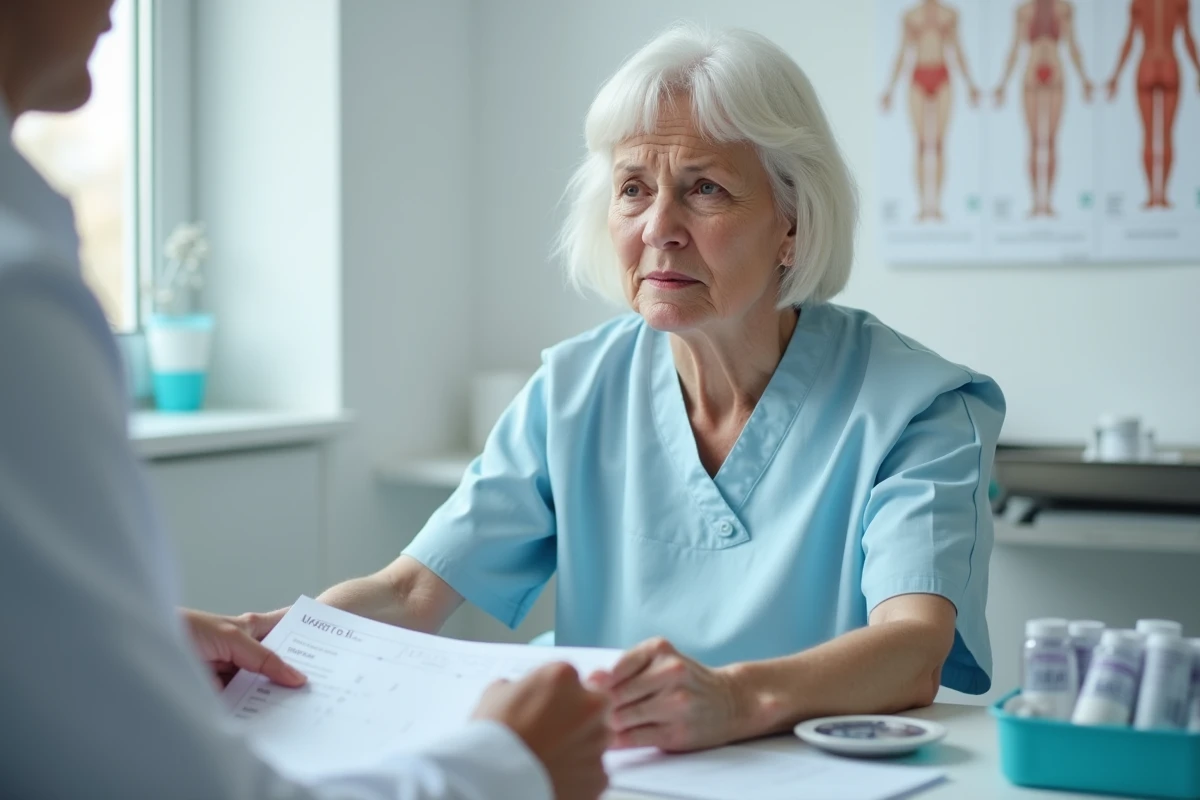 Femme de 45 ans tenant des résultats d'analyses sanguines dans un cabinet médical, illustrant l'inflammation chronique et le taux de monocytes élevé