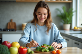 Femme préparant une salade saine dans une cuisine lumineuse