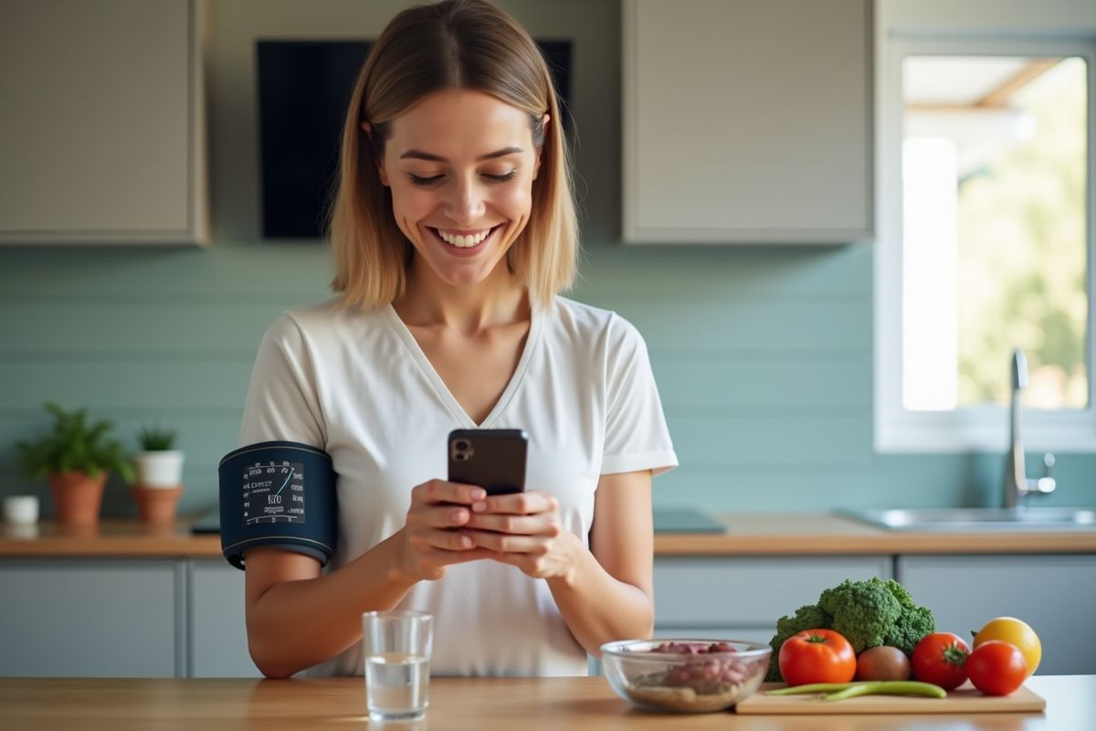 Femme vérifiant sa santé avec un moniteur connecté dans la cuisine