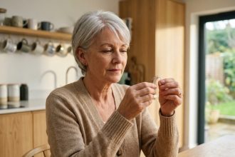Femme senior ajustant son appareil auditif dans une cuisine moderne, illustrant la vie quotidienne avec une perte d'audition