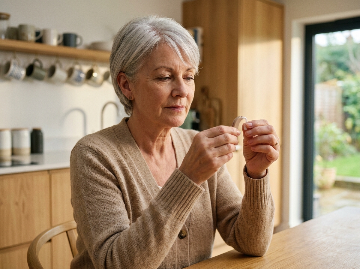 Femme senior ajustant son appareil auditif dans une cuisine moderne, illustrant la vie quotidienne avec une perte d'audition