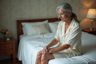 Femme senior se massant la jambe dans sa chambre
