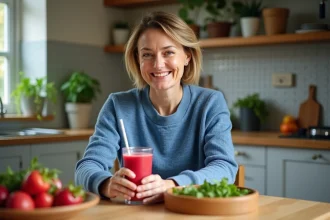 Femme souriante tenant un jus de fruit rouge dans la cuisine