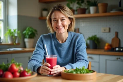 Femme souriante tenant un jus de fruit rouge dans la cuisine
