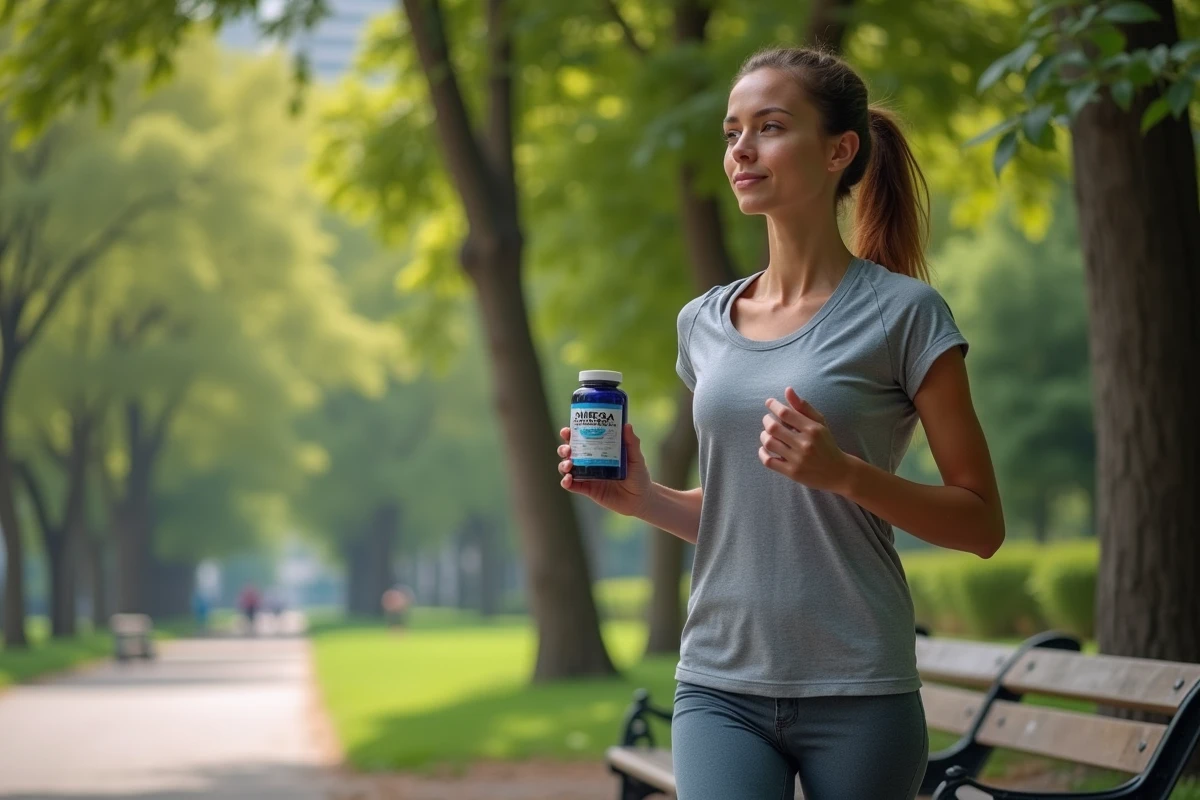 Jeune femme en jogging dans un parc urbain avec supplément omega