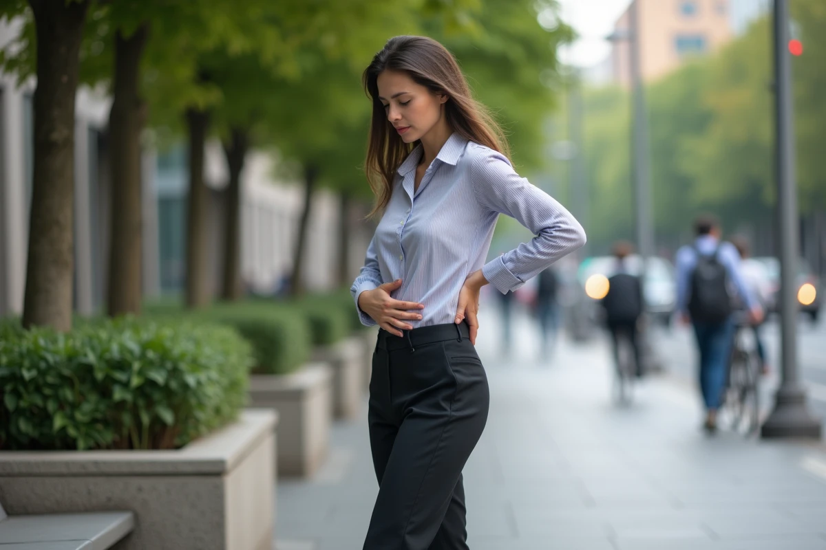 Jeune femme se soulageant le dos en ville