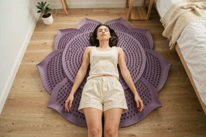 Femme allongée sur un tapis de fleurs de lotus acupression dans une chambre minimaliste, vue du dessus