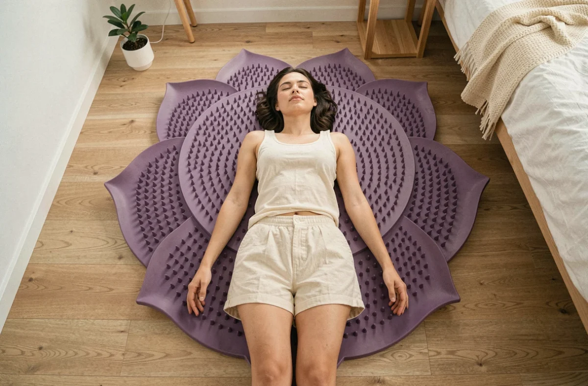 Femme allongée sur un tapis de fleurs de lotus acupression dans une chambre minimaliste, vue du dessus